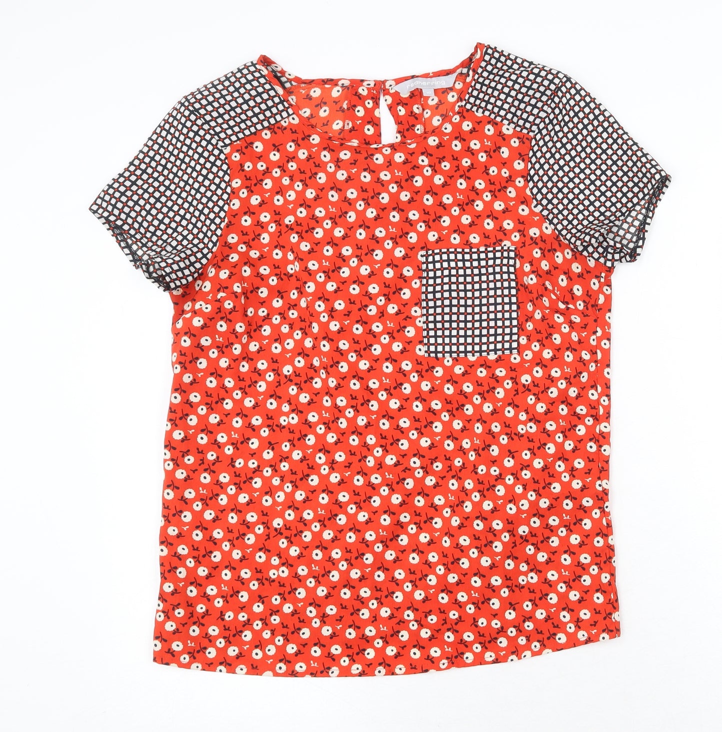 Red Herring Womens Red Geometric Polyester Basic Blouse Size 10 Round Neck