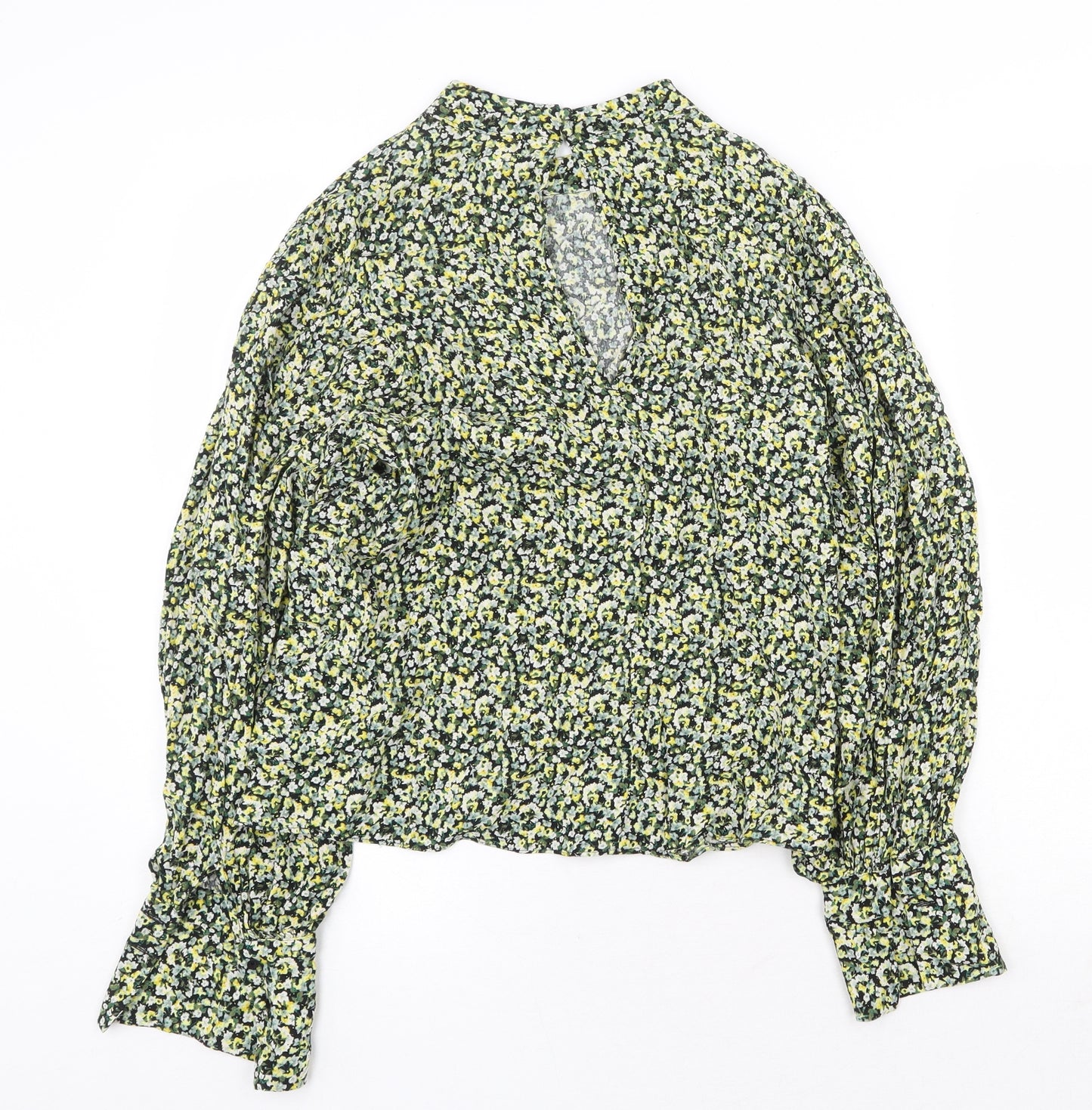 H&M Womens Yellow Floral Viscose Basic Blouse Size M Round Neck