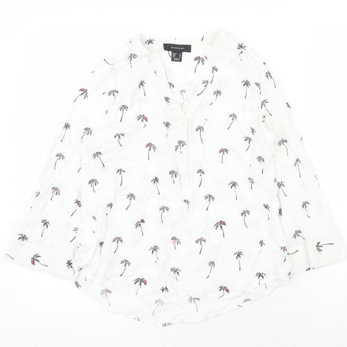 Atmosphere Womens White Geometric Viscose Basic Button-Up Size 8 V-Neck - Palm Tree Pattern