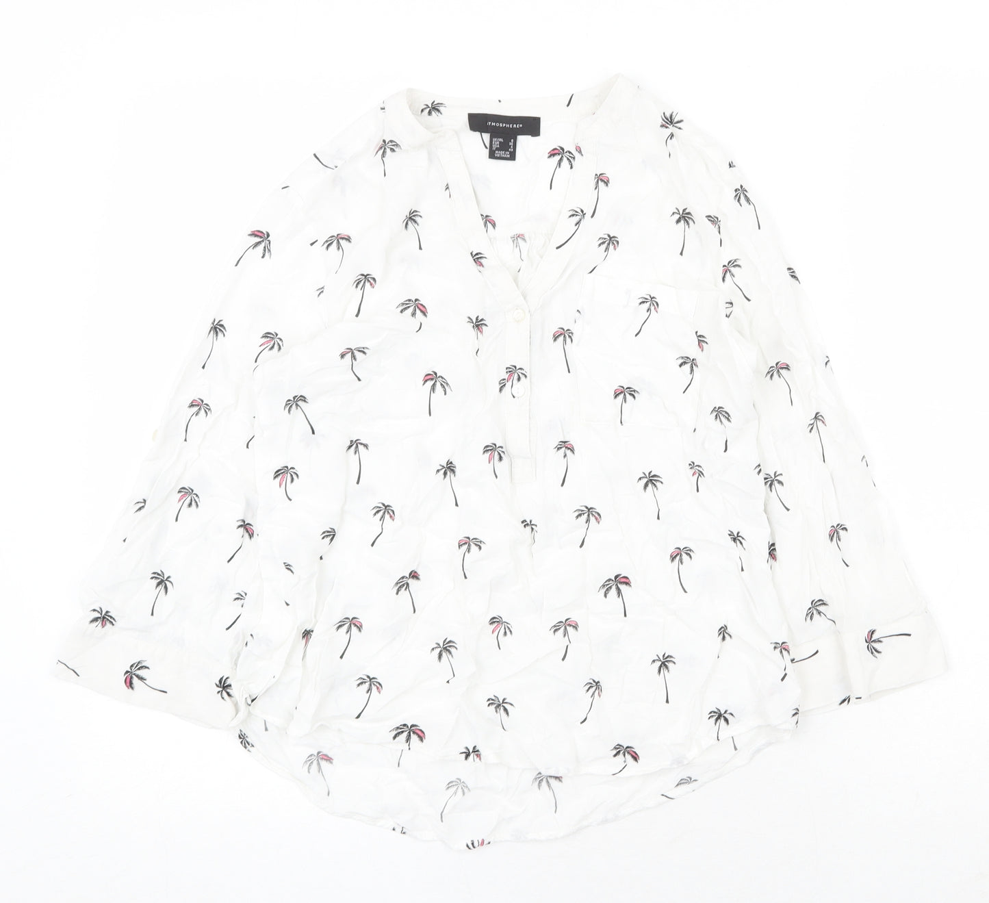 Atmosphere Womens White Geometric Viscose Basic Button-Up Size 8 V-Neck - Palm Tree Pattern