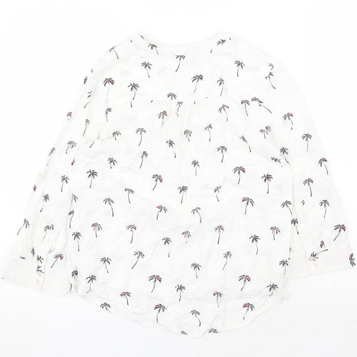 Atmosphere Womens White Geometric Viscose Basic Button-Up Size 8 V-Neck - Palm Tree Pattern