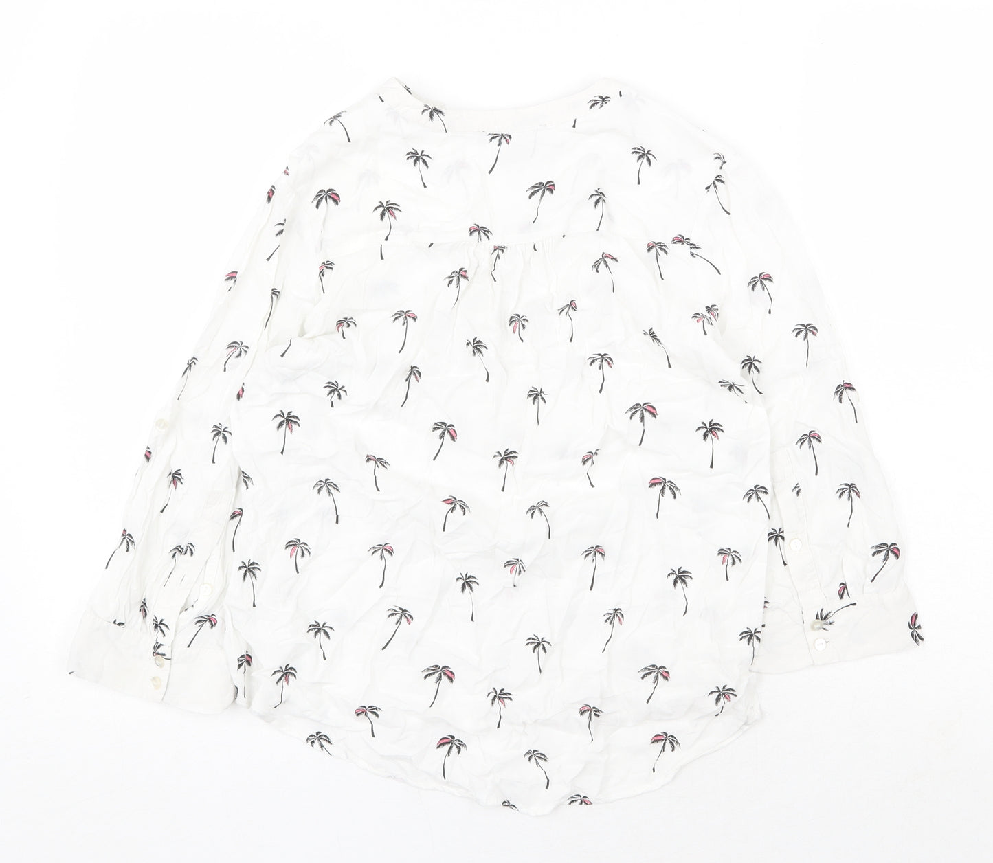 Atmosphere Womens White Geometric Viscose Basic Button-Up Size 8 V-Neck - Palm Tree Pattern