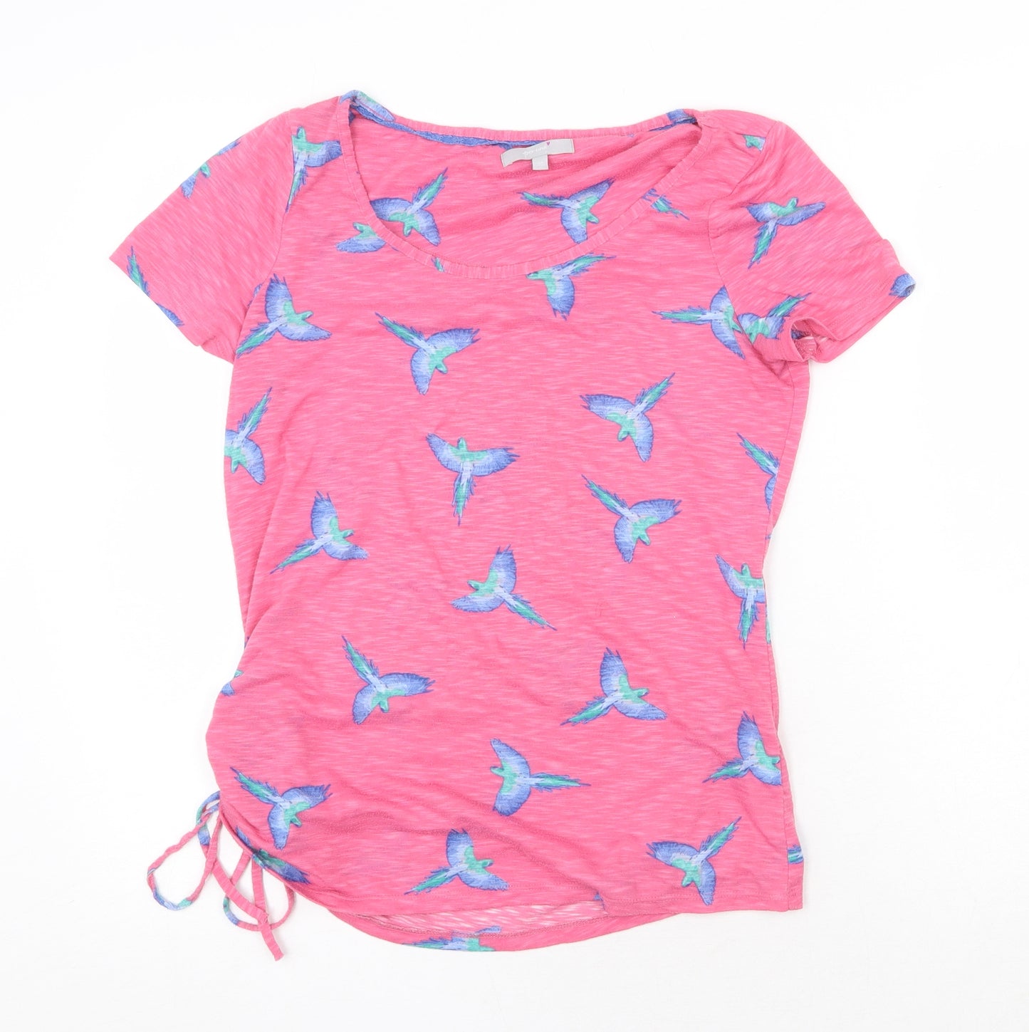Marks and Spencer Womens Pink Geometric 100% Cotton Basic T-Shirt Size 10 Round Neck - Bird Pattern