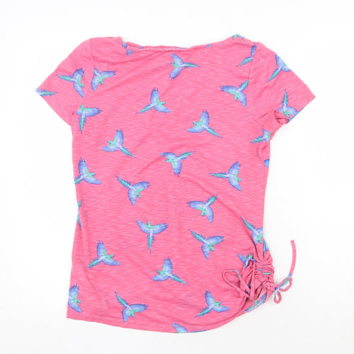Marks and Spencer Womens Pink Geometric 100% Cotton Basic T-Shirt Size 10 Round Neck - Bird Pattern