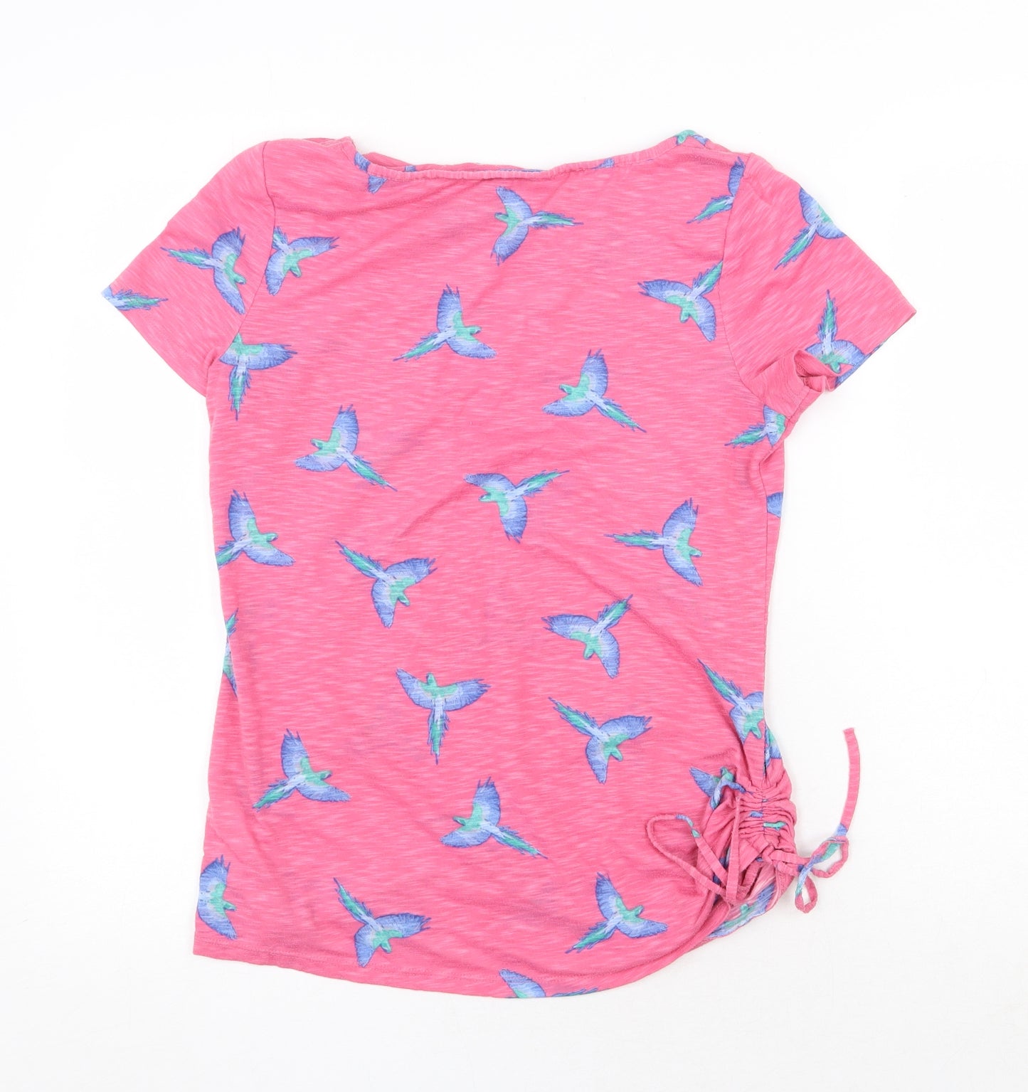 Marks and Spencer Womens Pink Geometric 100% Cotton Basic T-Shirt Size 10 Round Neck - Bird Pattern