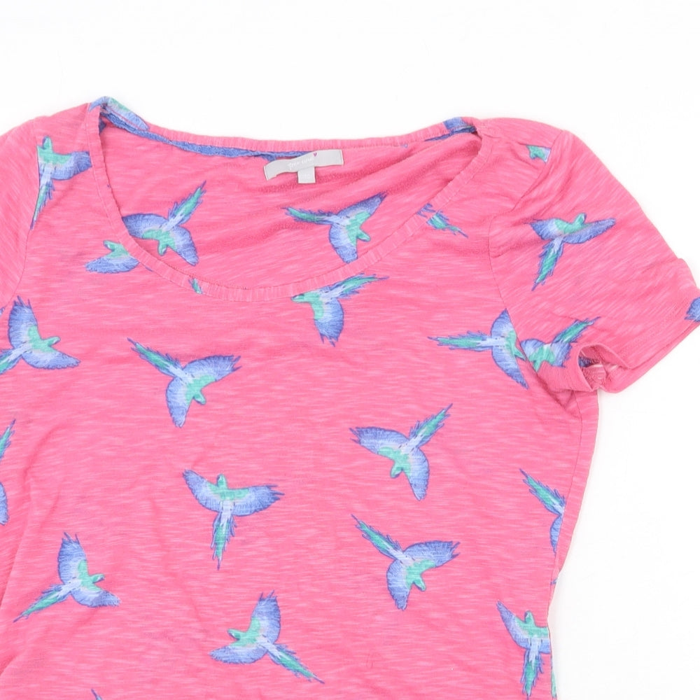 Marks and Spencer Womens Pink Geometric 100% Cotton Basic T-Shirt Size 10 Round Neck - Bird Pattern