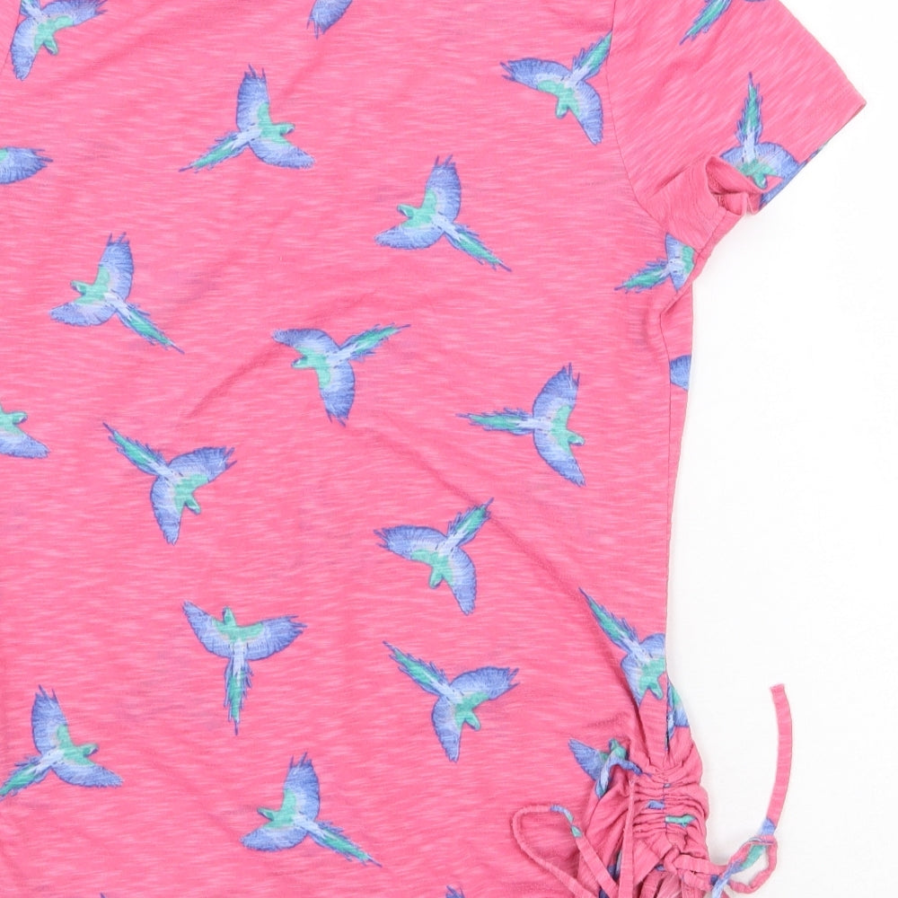 Marks and Spencer Womens Pink Geometric 100% Cotton Basic T-Shirt Size 10 Round Neck - Bird Pattern