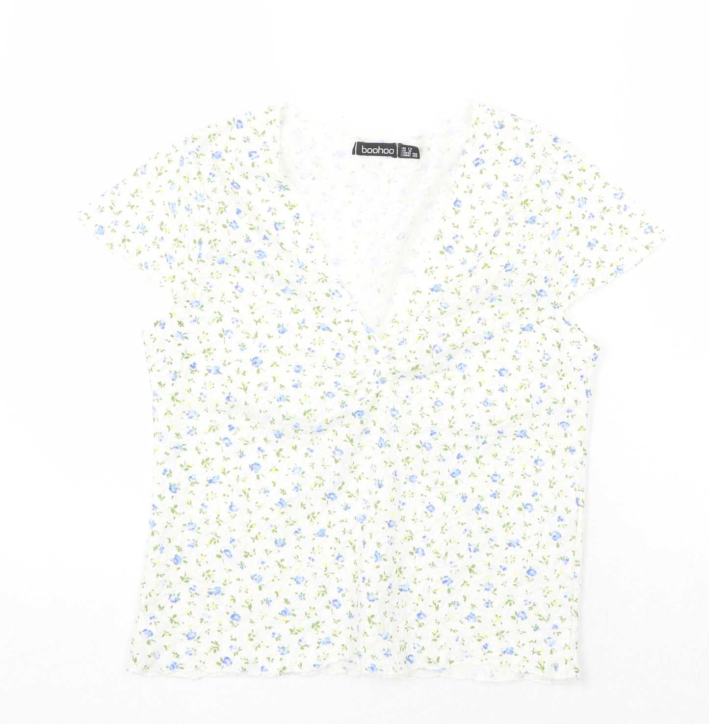 Boohoo Womens White Floral Polyester Basic T-Shirt Size 12 V-Neck