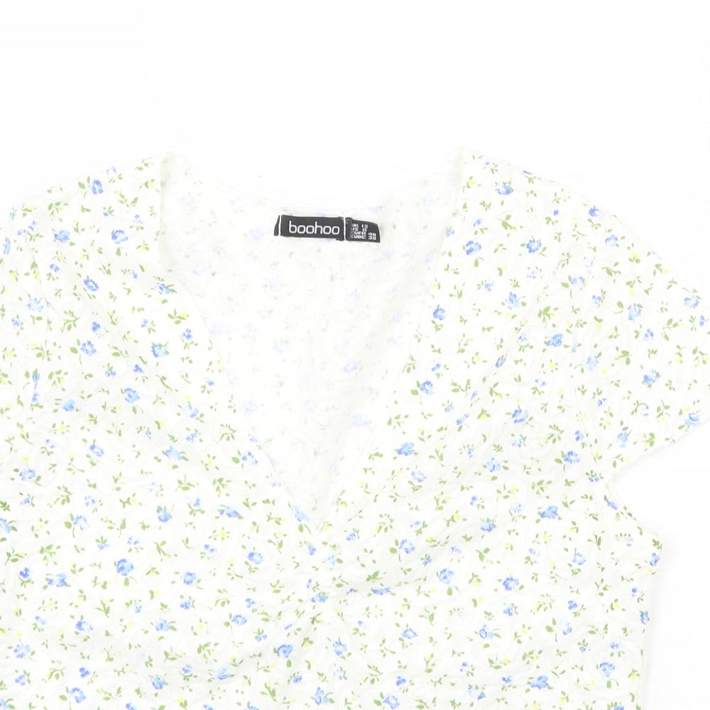 Boohoo Womens White Floral Polyester Basic T-Shirt Size 12 V-Neck
