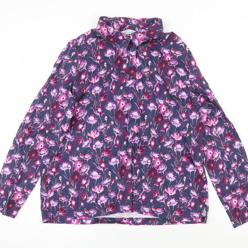 EWM Womens Purple Floral 100% Cotton Basic Button-Up Size L Collared