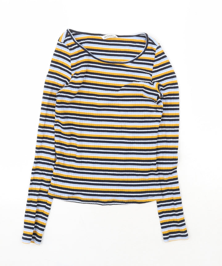Monki Womens Multicoloured Striped Cotton Basic T-Shirt Size XS Round Neck