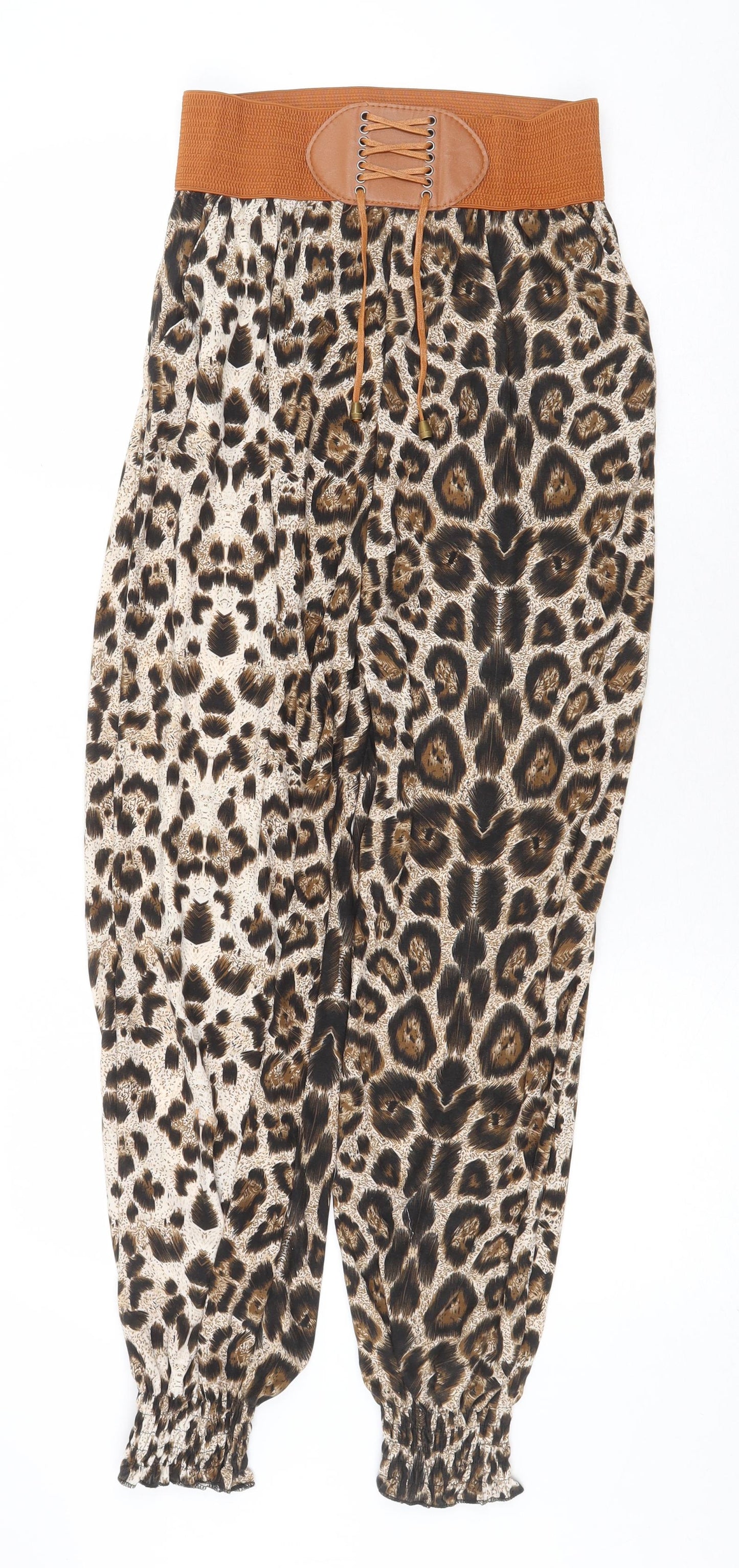Preworn Womens Beige Animal Print Cotton Trousers Size M Regular Tie - Leopard Pattern