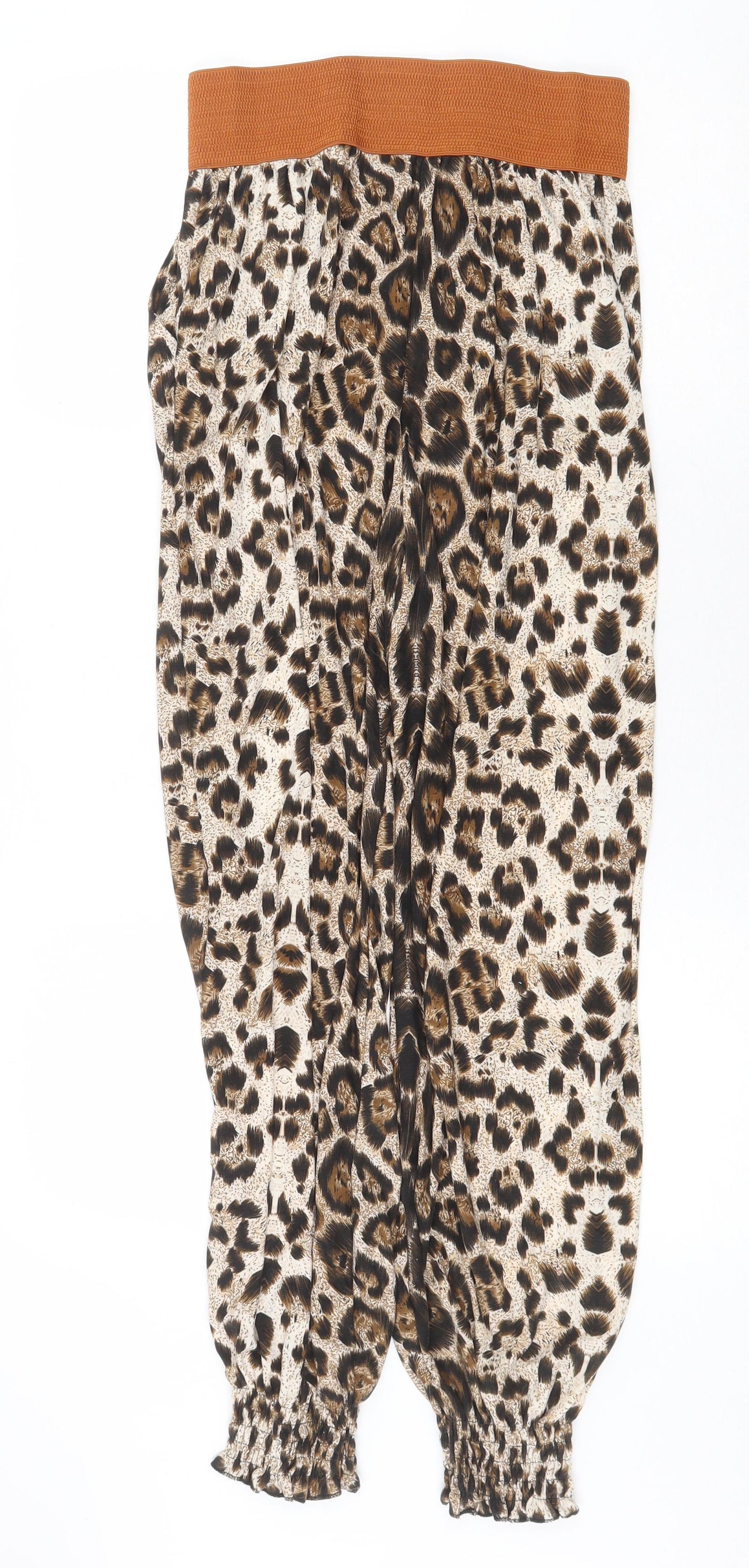 Preworn Womens Beige Animal Print Cotton Trousers Size M Regular Tie - Leopard Pattern