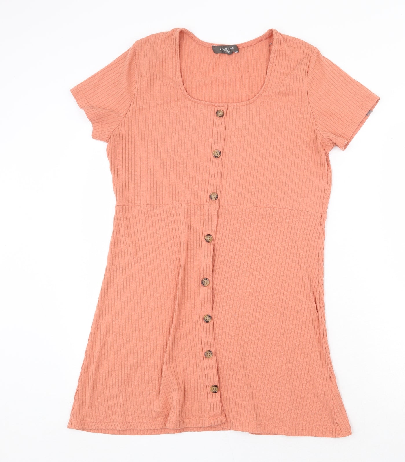 Primark Womens Orange Polyester T-Shirt Dress Size 16 Square Neck Button - Ribbed