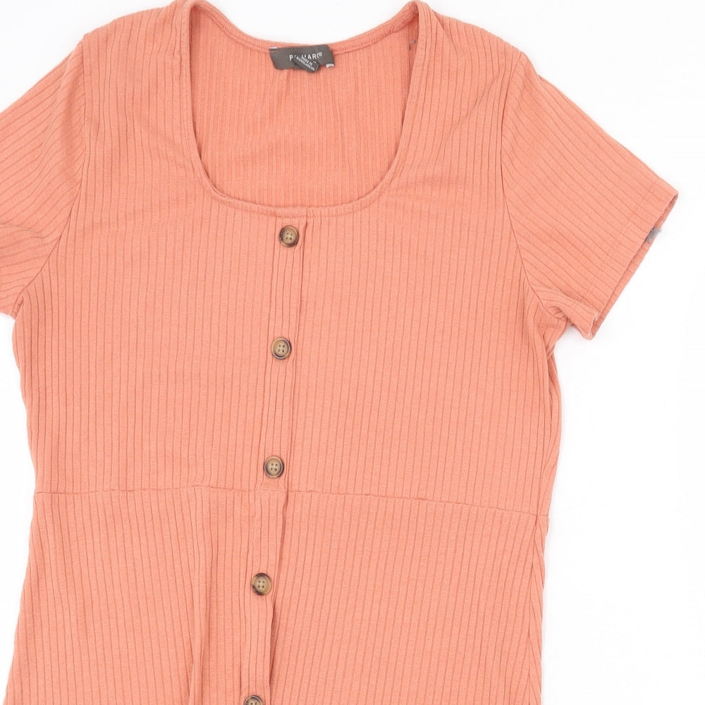 Primark Womens Orange Polyester T-Shirt Dress Size 16 Square Neck Button - Ribbed