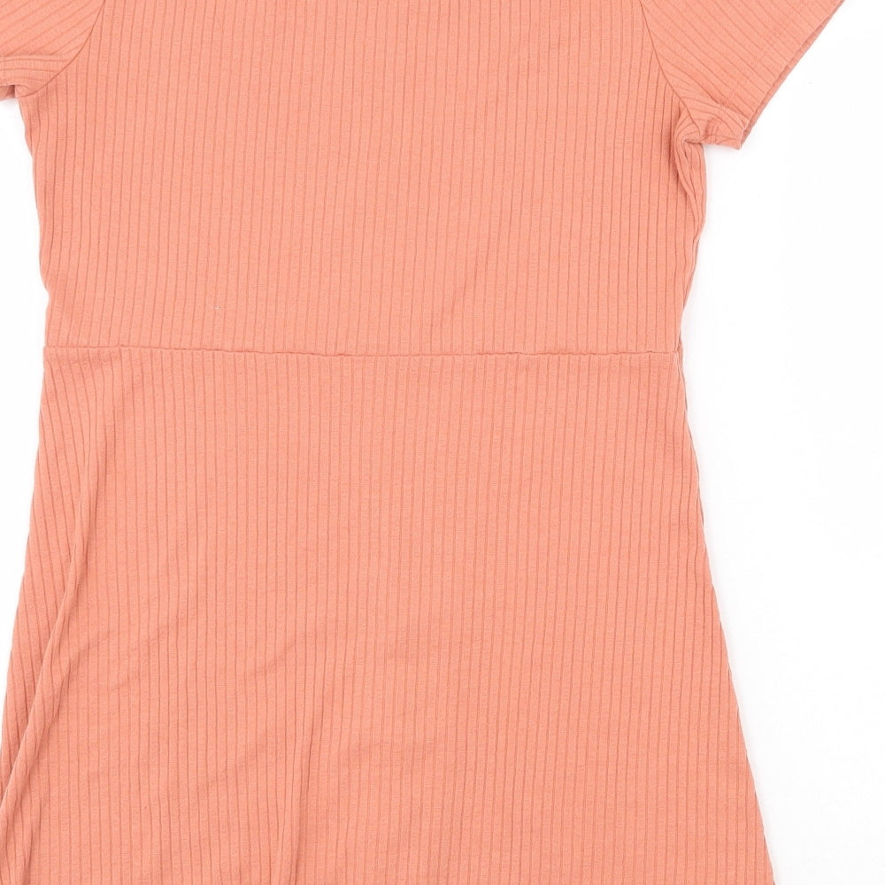 Primark Womens Orange Polyester T-Shirt Dress Size 16 Square Neck Button - Ribbed