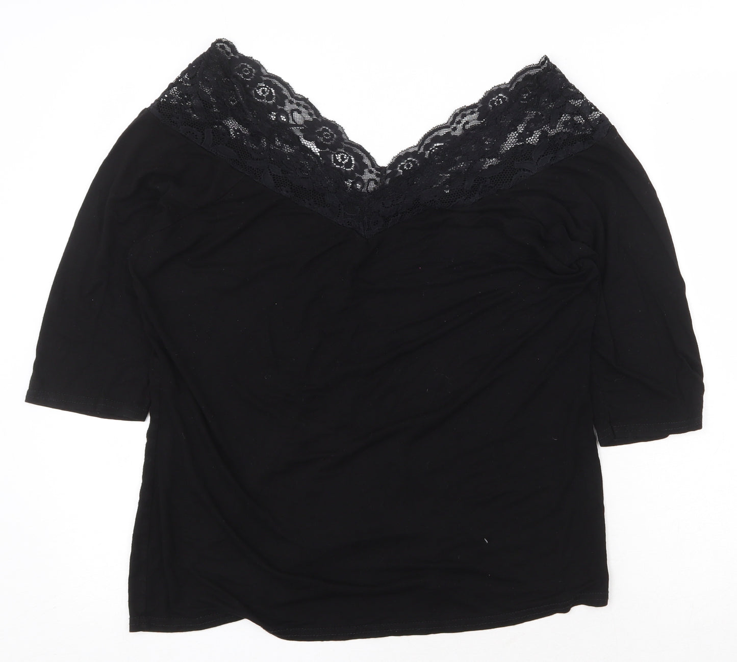 Forever Yours Womens Black Cotton Basic T-Shirt Size 20 V-Neck - Lace Trim