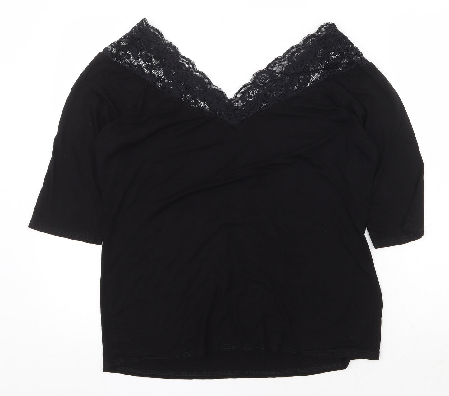 Forever Yours Womens Black Cotton Basic T-Shirt Size 20 V-Neck - Lace Trim