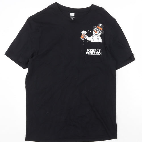F&F Womens Black 100% Cotton Basic T-Shirt Size M Scoop Neck - Keep it Chilled Snowman