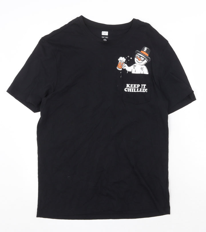 F&F Womens Black 100% Cotton Basic T-Shirt Size M Scoop Neck - Keep it Chilled Snowman