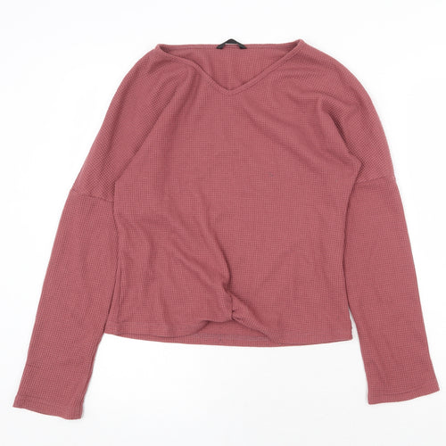 Preworn Womens Pink Polyester Cropped Blouse Size M V-Neck - Knot Front