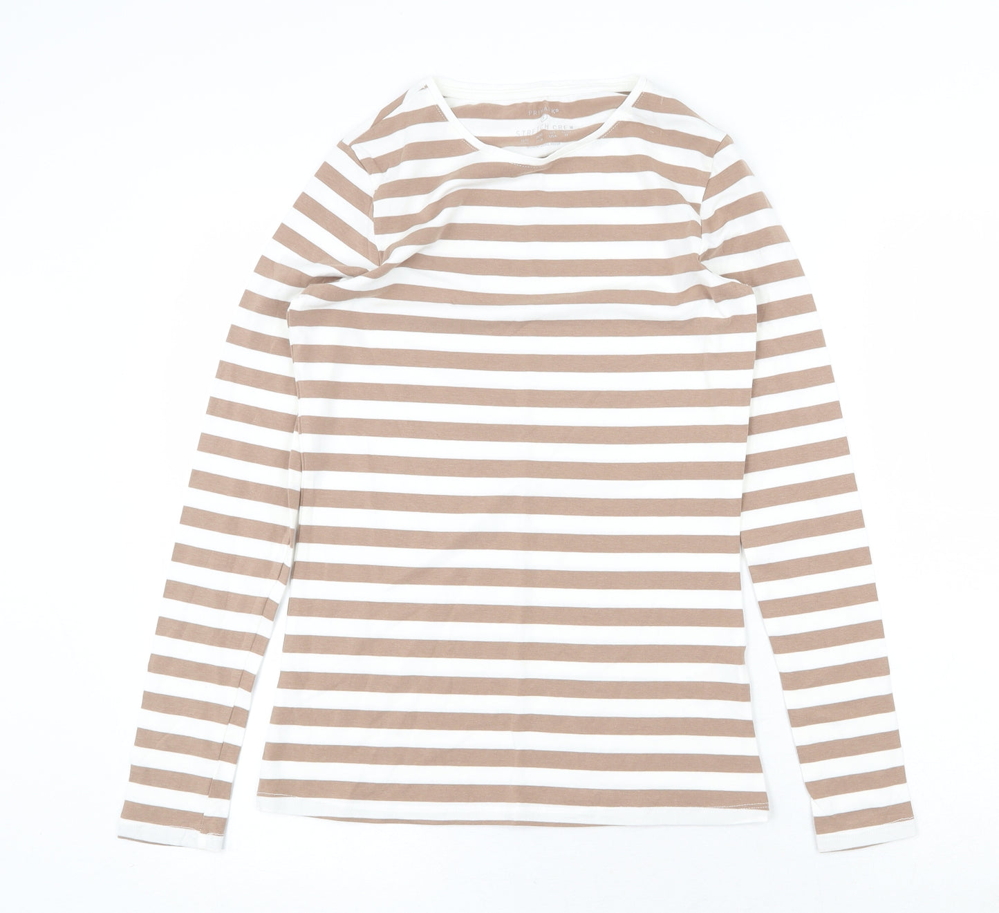 Primark Womens Beige Striped Cotton Basic Blouse Size S Scoop Neck