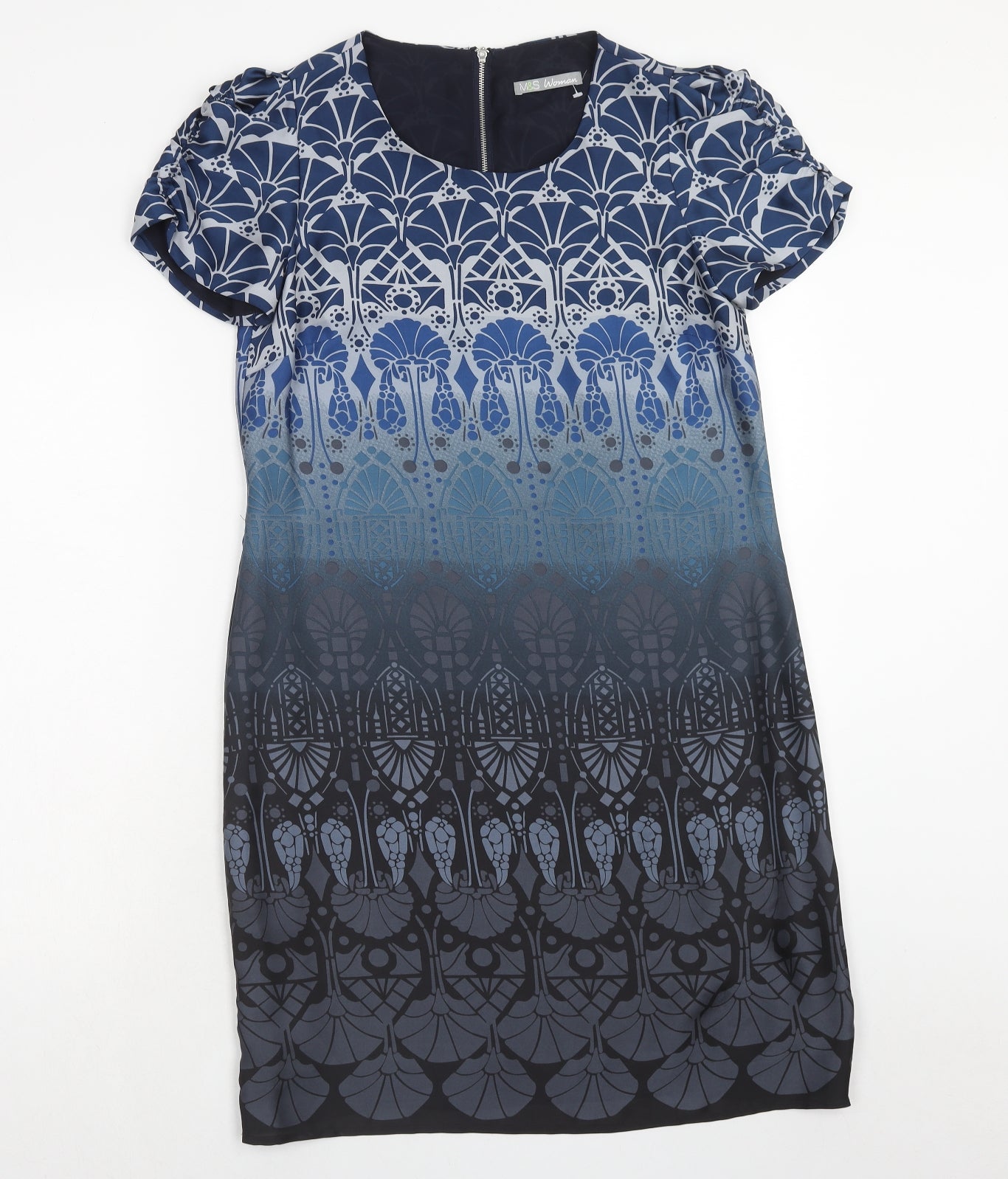Marks and Spencer Womens Blue Geometric Polyester Shift Size 10 Scoop Neck Zip