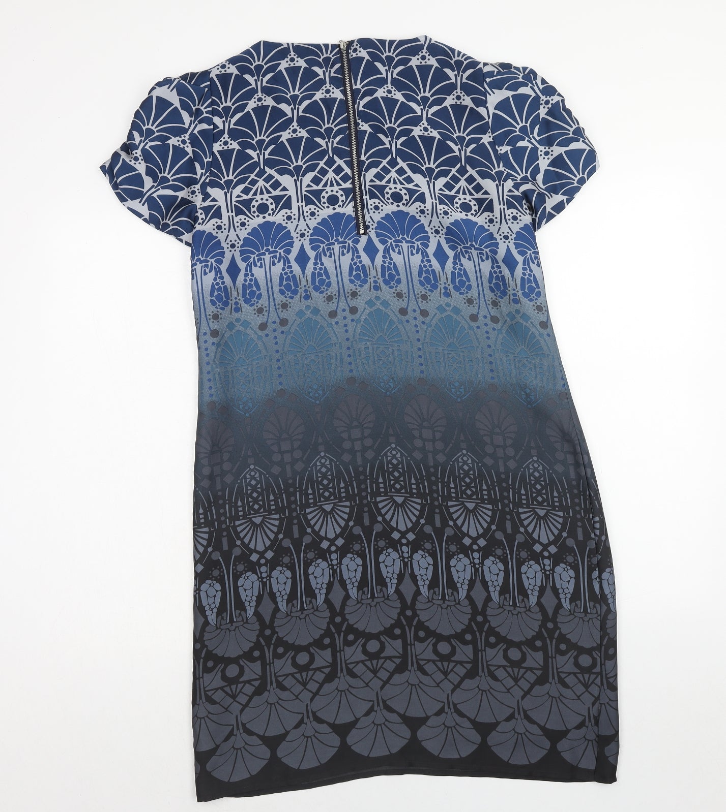 Marks and Spencer Womens Blue Geometric Polyester Shift Size 10 Scoop Neck Zip