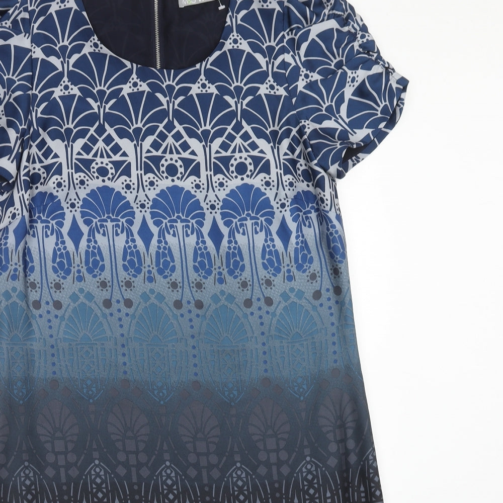Marks and Spencer Womens Blue Geometric Polyester Shift Size 10 Scoop Neck Zip