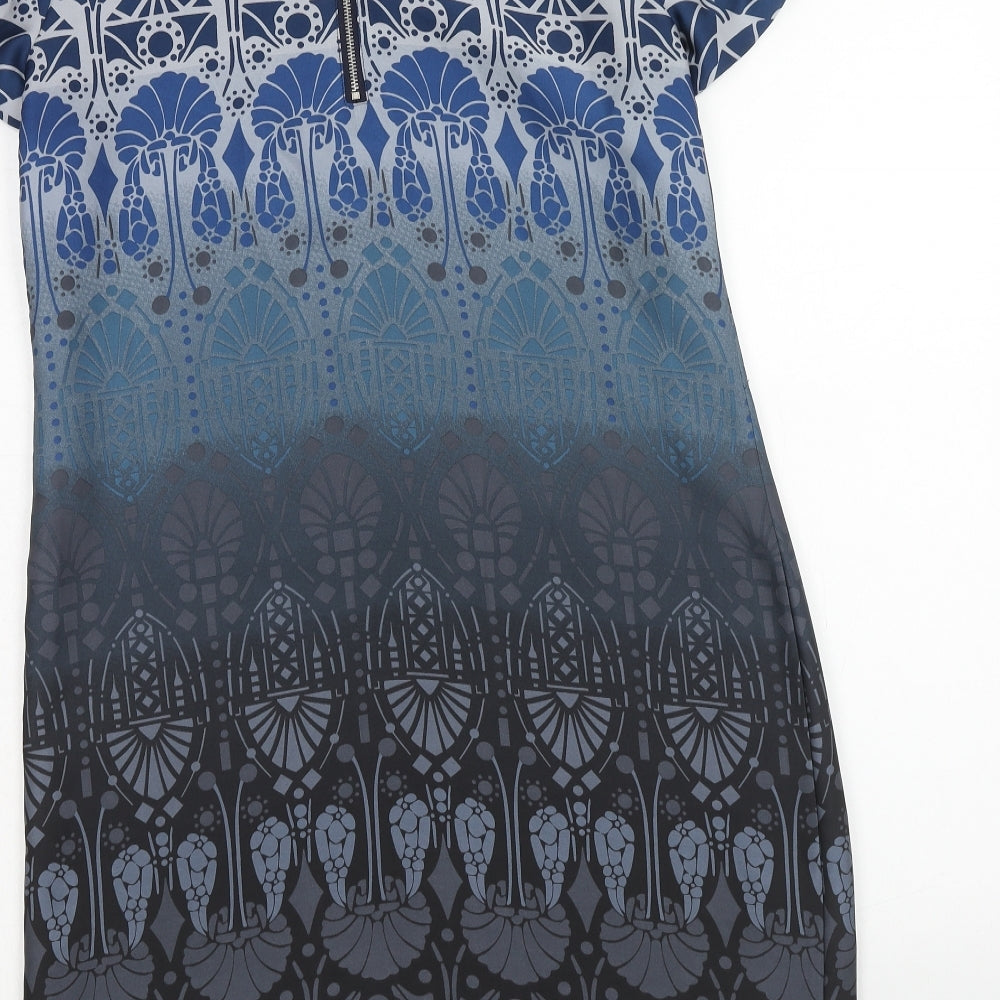 Marks and Spencer Womens Blue Geometric Polyester Shift Size 10 Scoop Neck Zip