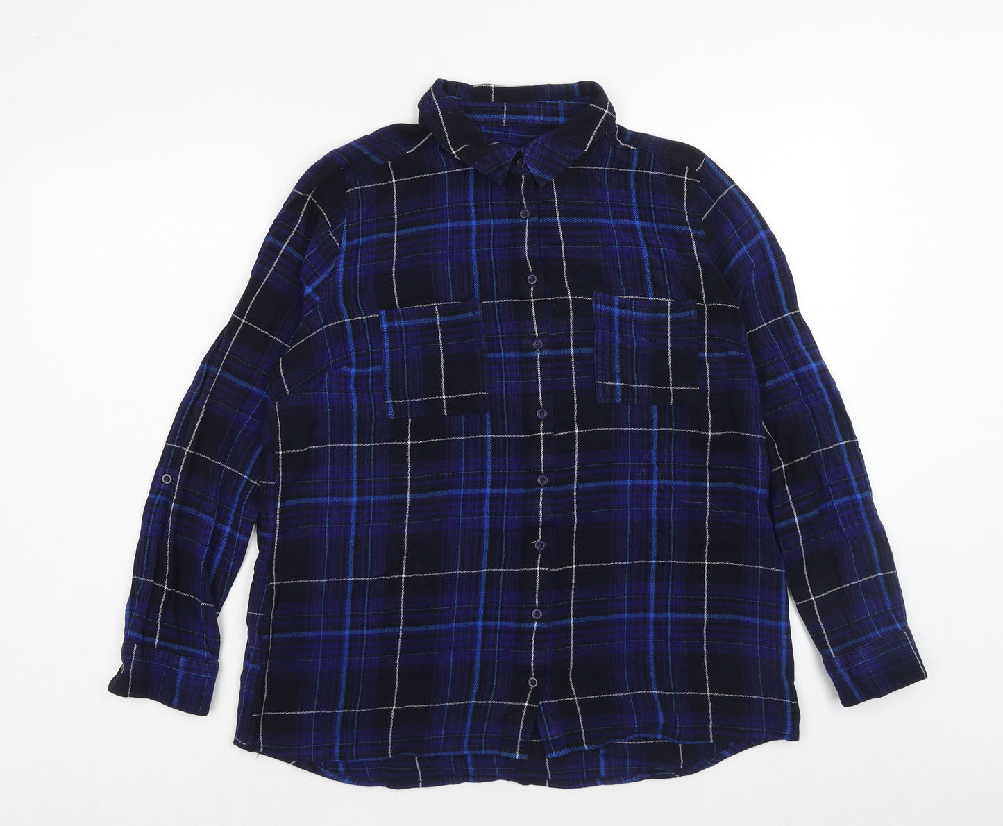 TU Womens Blue Plaid Viscose Basic Button-Up Size 6 Collared