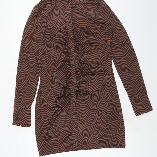 H&M Womens Brown Geometric Polyester Bodycon Size L Collared Button