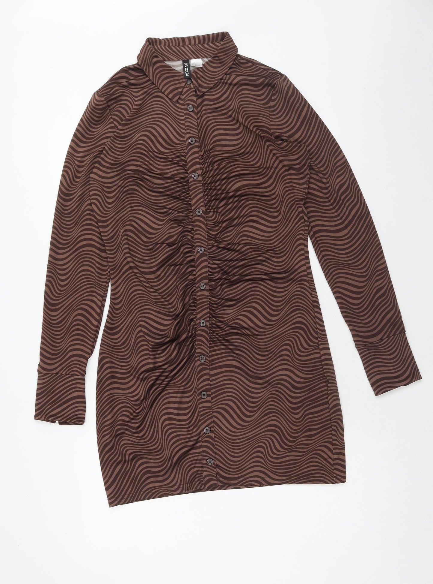 H&M Womens Brown Geometric Polyester Bodycon Size L Collared Button
