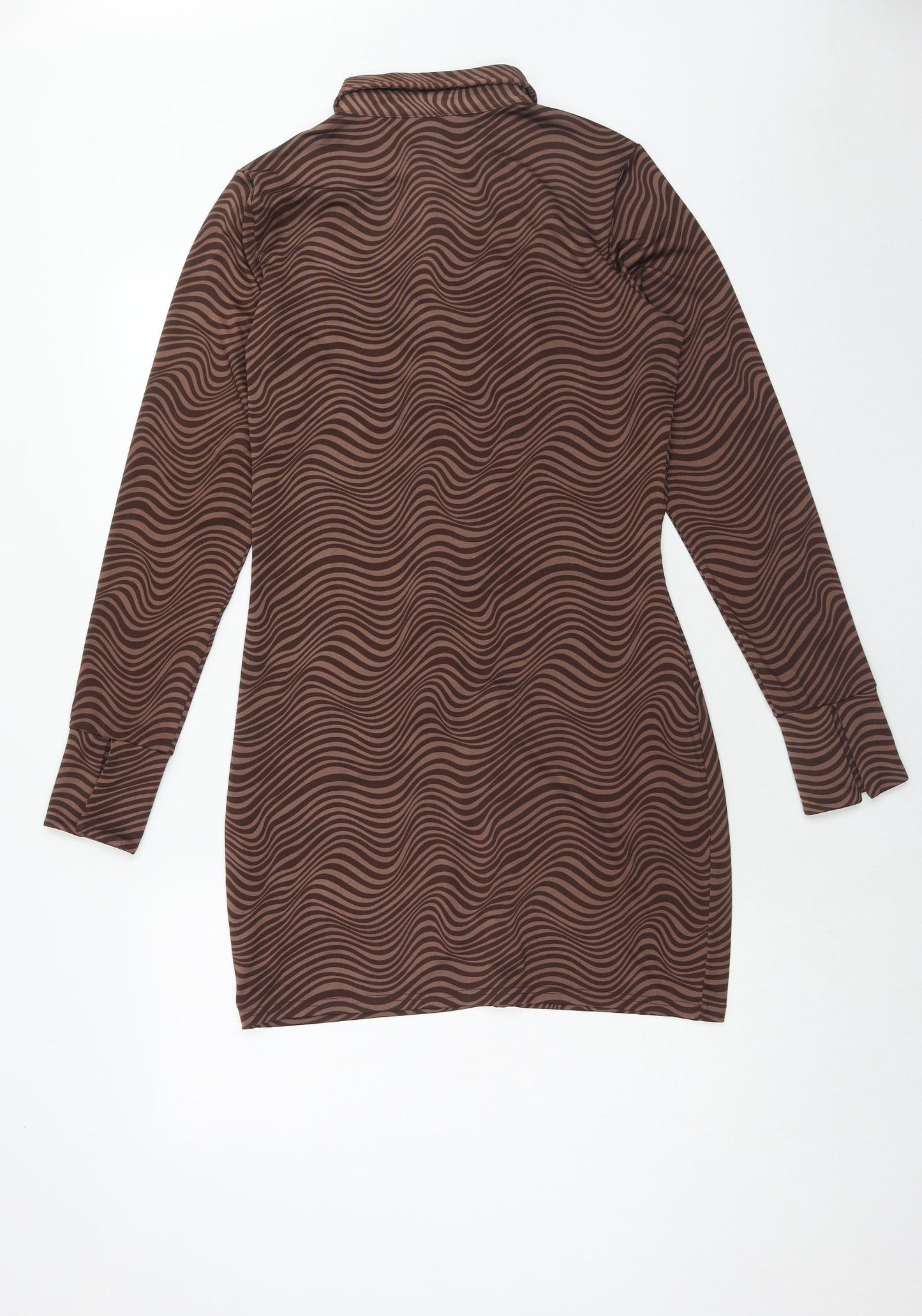 H&M Womens Brown Geometric Polyester Bodycon Size L Collared Button