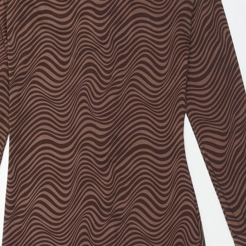 H&M Womens Brown Geometric Polyester Bodycon Size L Collared Button