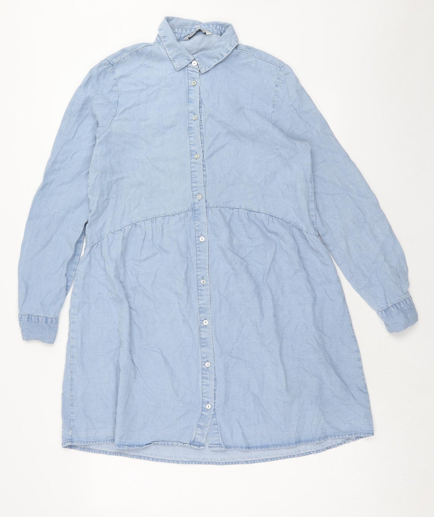 Stradivarius Womens Blue Lyocell Shirt Dress Size S Collared Button