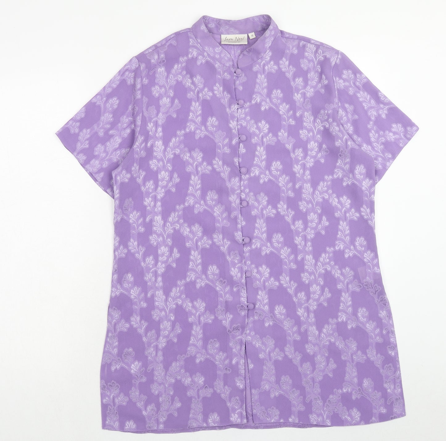 Sara Neal Womens Purple Geometric Polyester Basic Button-Up Size 14 V-Neck