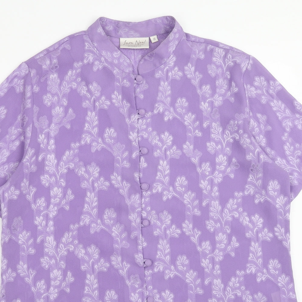 Sara Neal Womens Purple Geometric Polyester Basic Button-Up Size 14 V-Neck