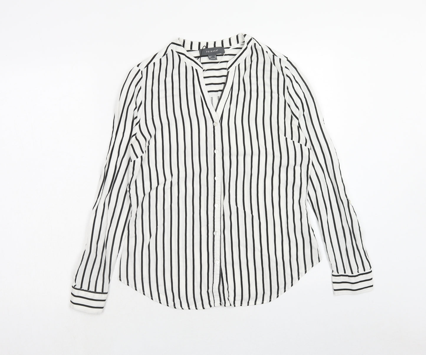Primark Womens White Striped Viscose Basic Button-Up Size 12 V-Neck