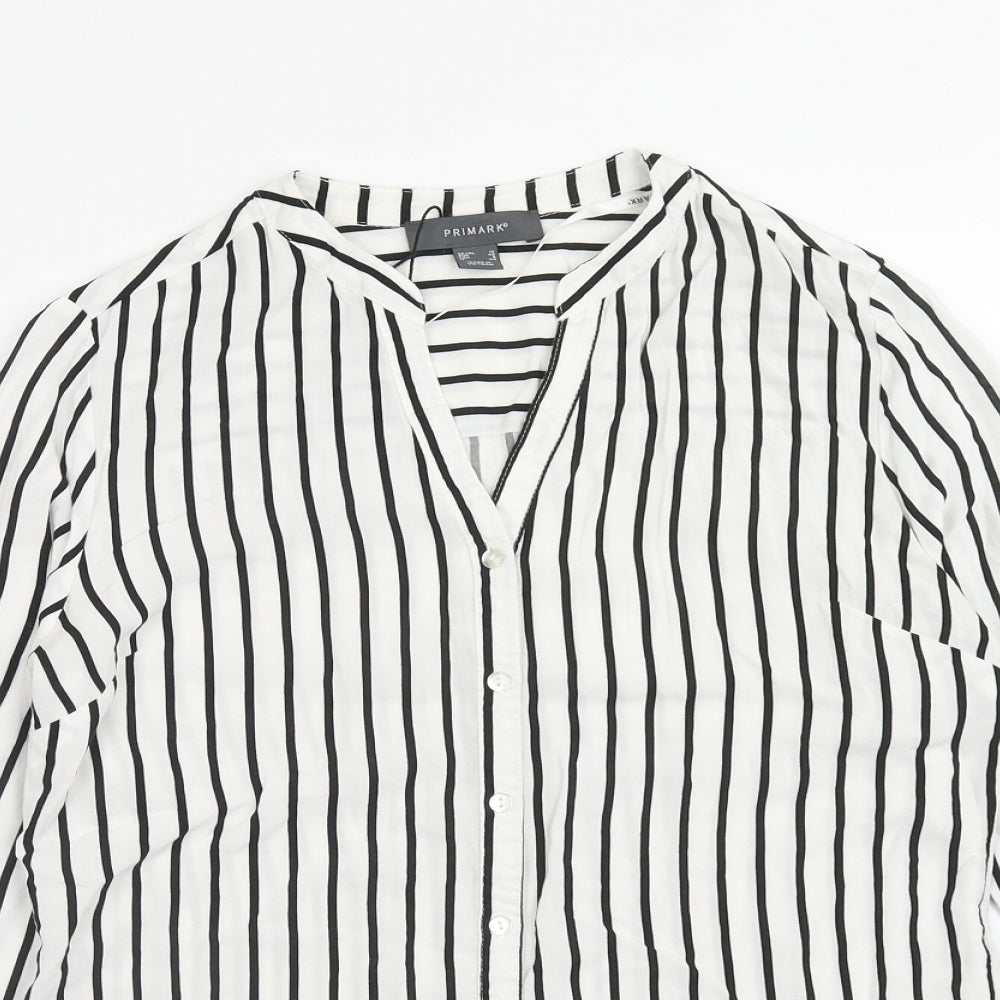 Primark Womens White Striped Viscose Basic Button-Up Size 12 V-Neck