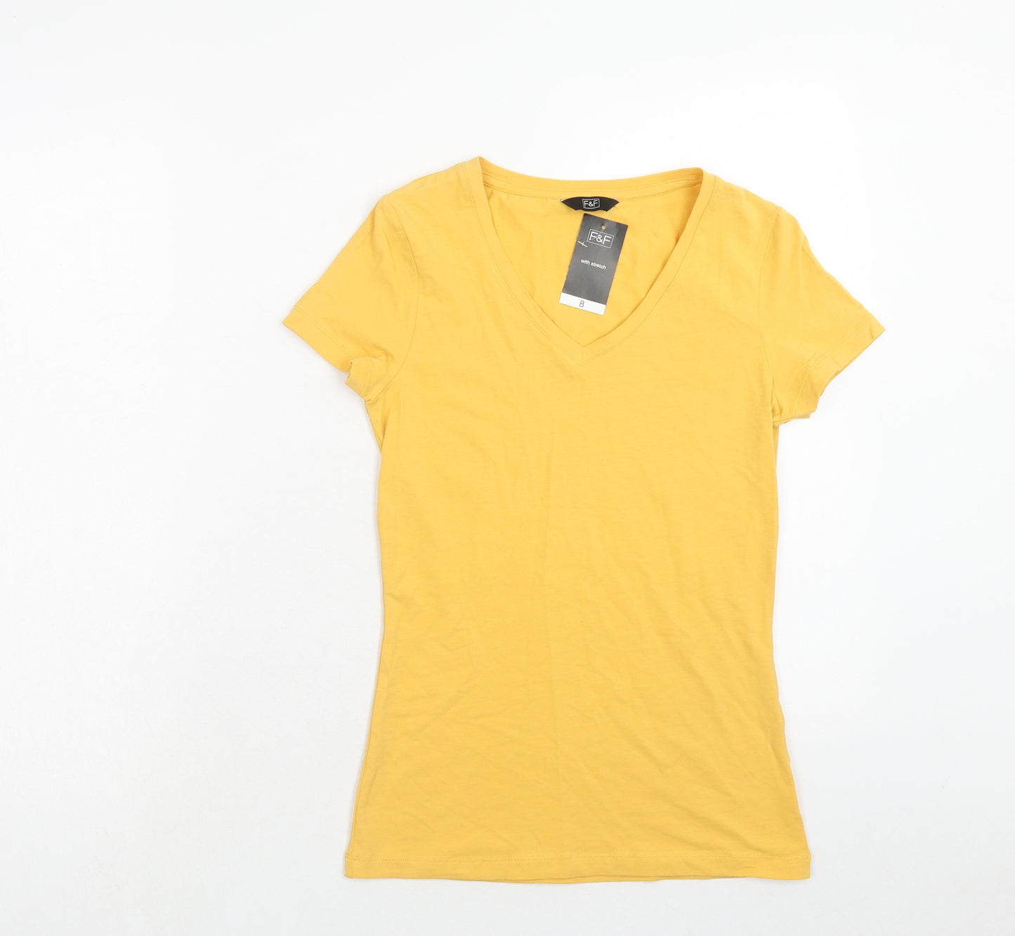 F&F Womens Yellow Cotton Basic T-Shirt Size 8 V-Neck
