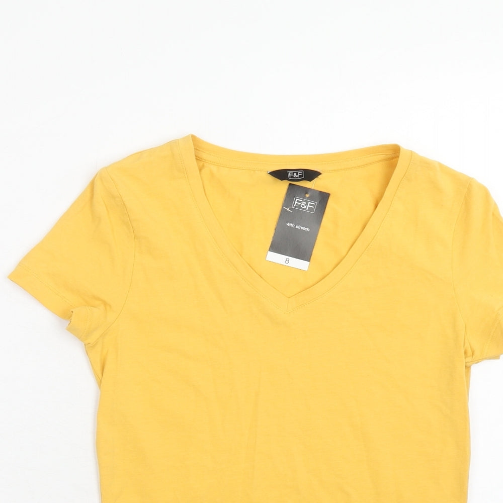 F&F Womens Yellow Cotton Basic T-Shirt Size 8 V-Neck