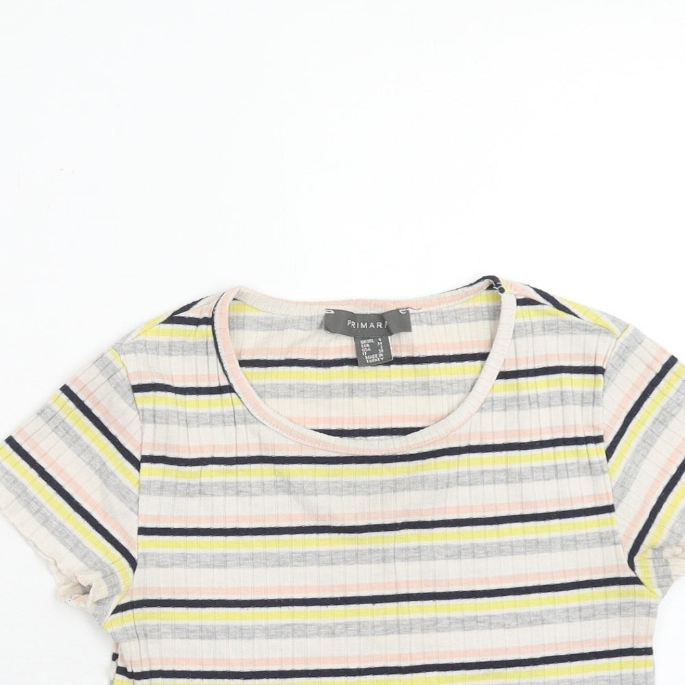 Primark Womens Multicoloured Striped Cotton Basic T-Shirt Size 6 Round Neck