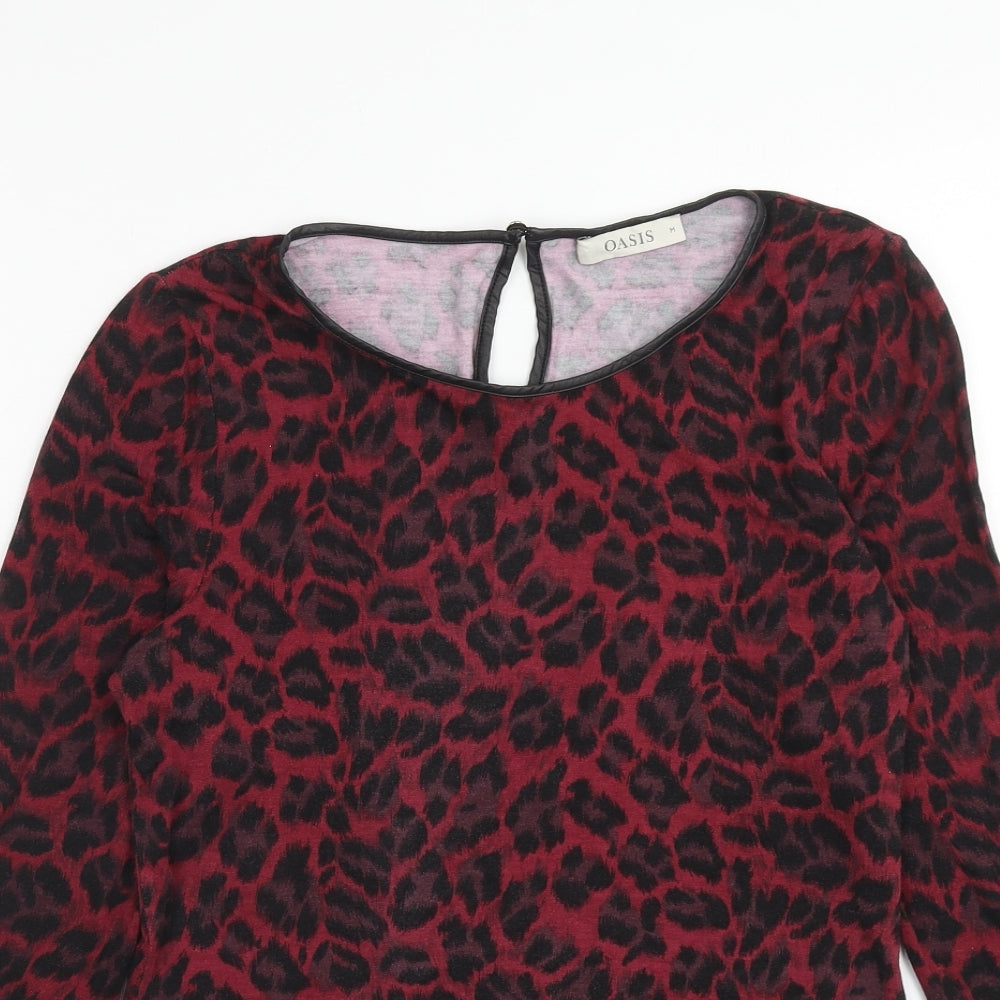 Oasis Womens Red Animal Print Viscose Basic Blouse Size M Round Neck - Leopard Pattern