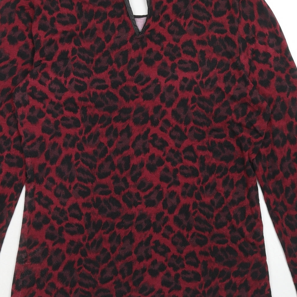 Oasis Womens Red Animal Print Viscose Basic Blouse Size M Round Neck - Leopard Pattern