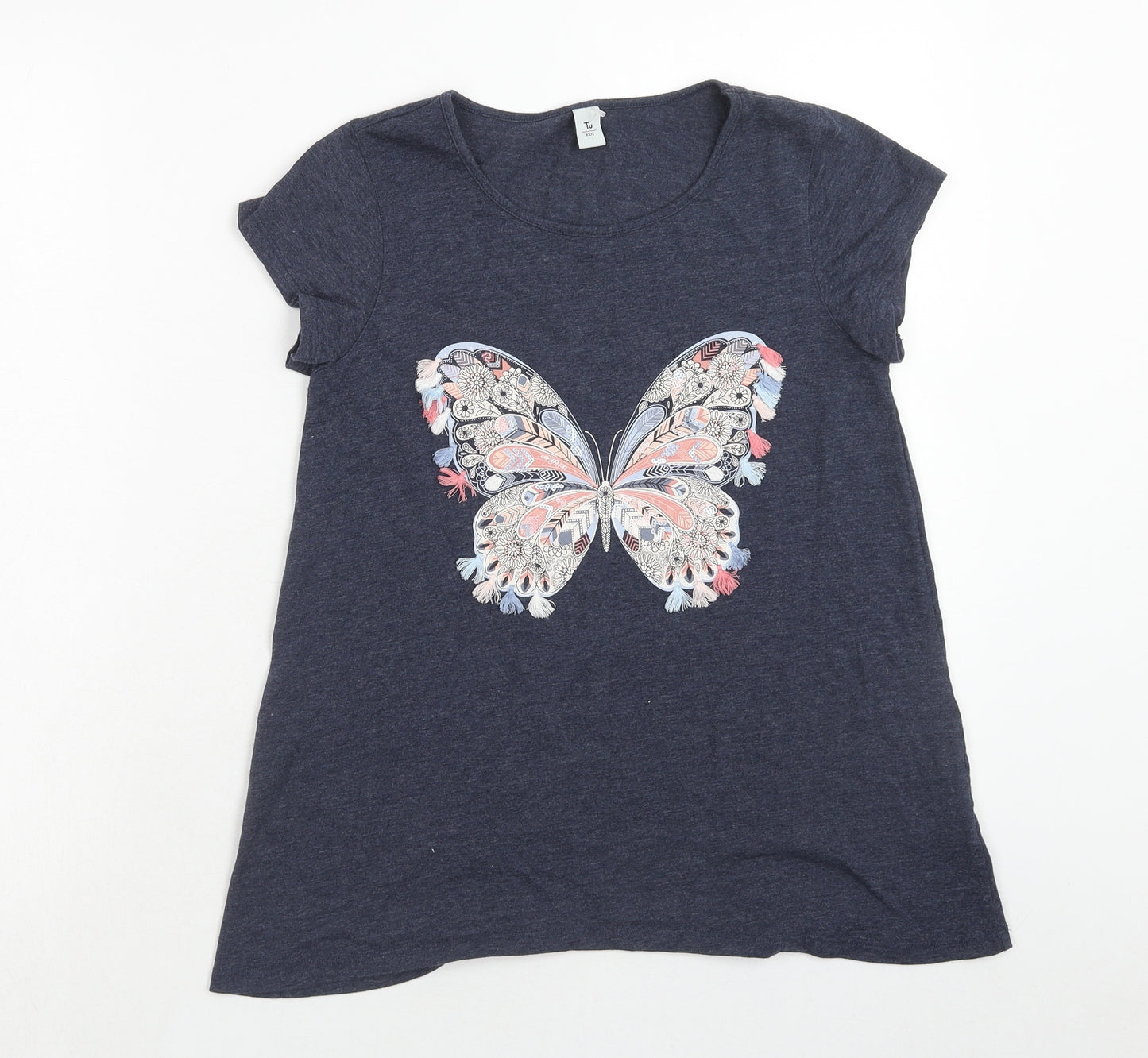 TU Girls Blue Cotton Pullover T-Shirt Size 14 Years Boat Neck Pullover - Butterfly