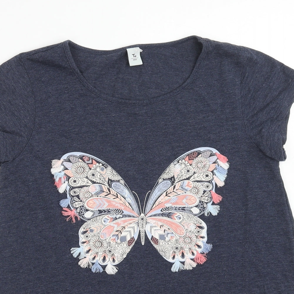 TU Girls Blue Cotton Pullover T-Shirt Size 14 Years Boat Neck Pullover - Butterfly