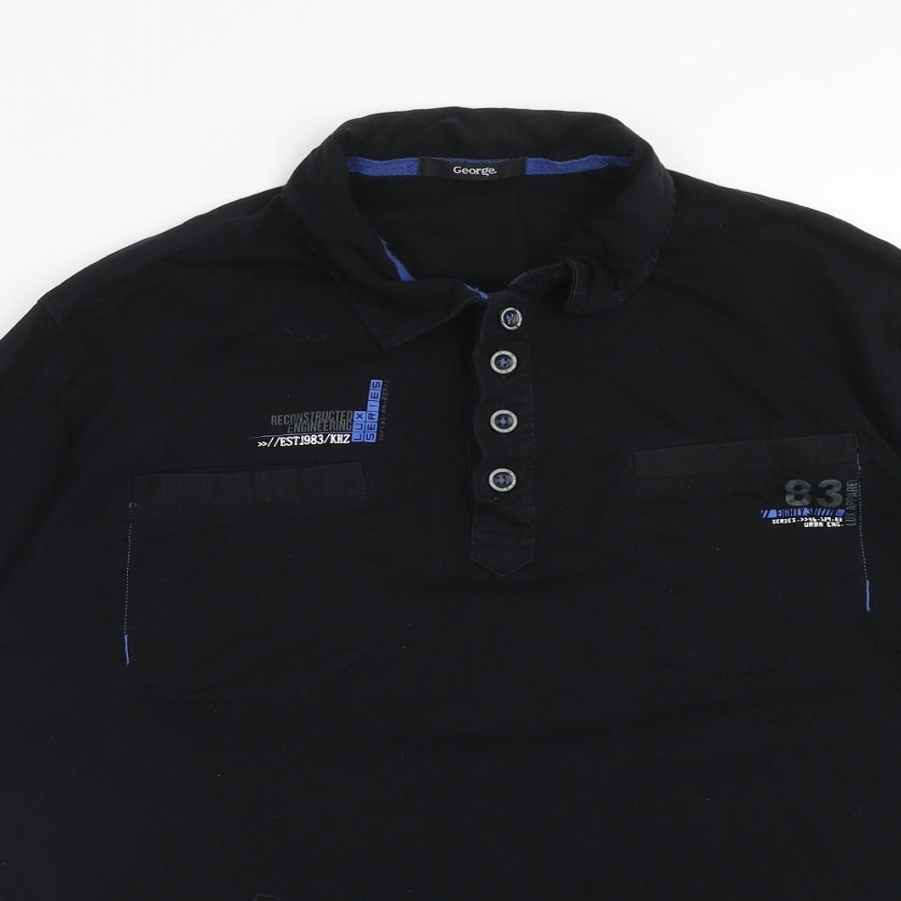 George Mens Black Cotton Polo Size L Collared Button