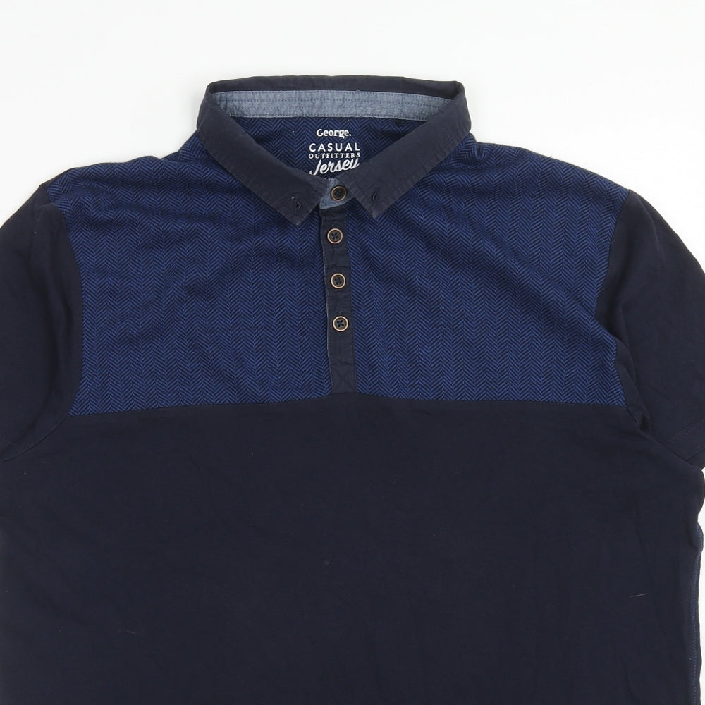 George Mens Blue Cotton Polo Size L Collared Button