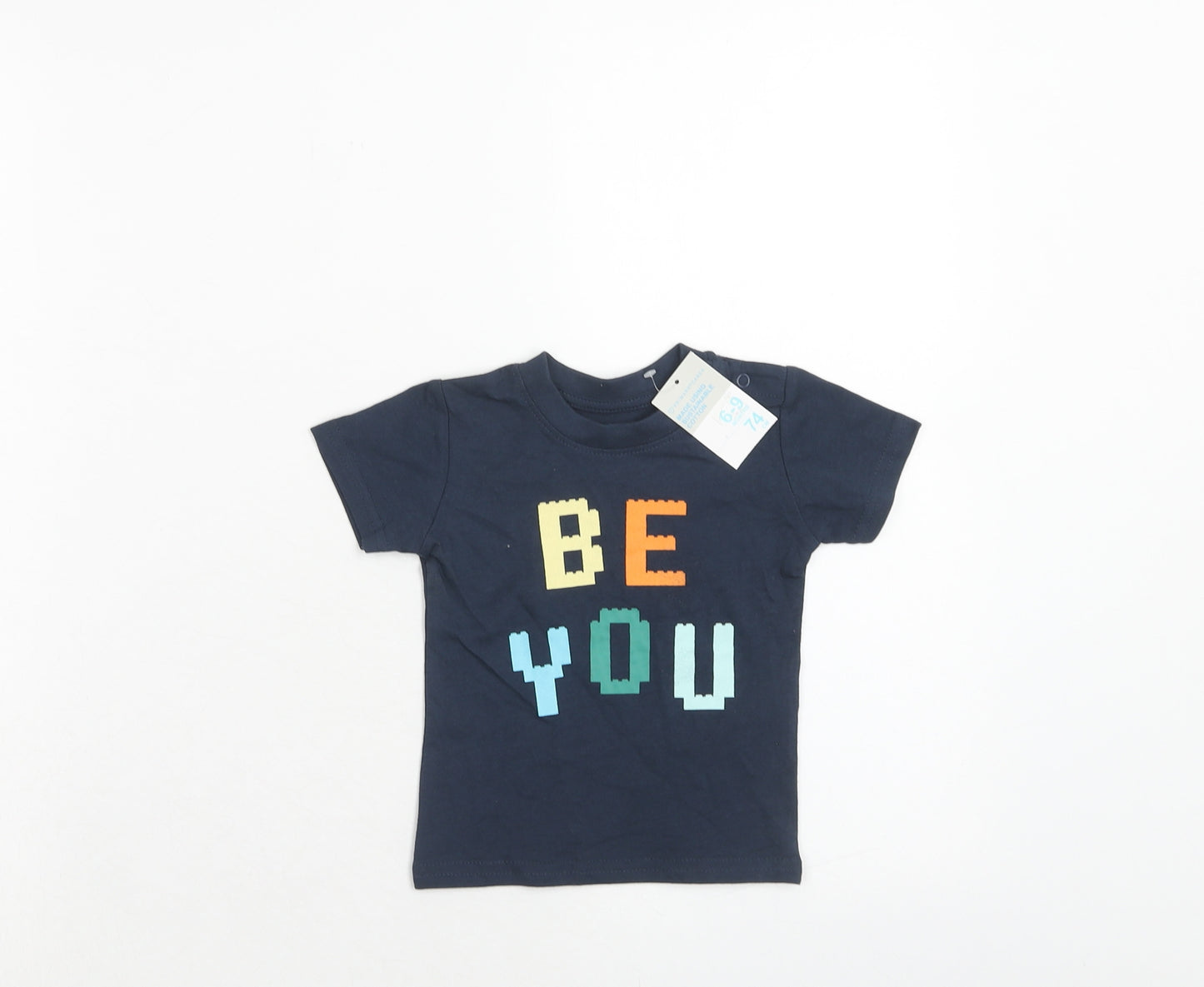 Primark Boys Blue Cotton Basic T-Shirt Size 6-9 Months Round Neck Button - Be You